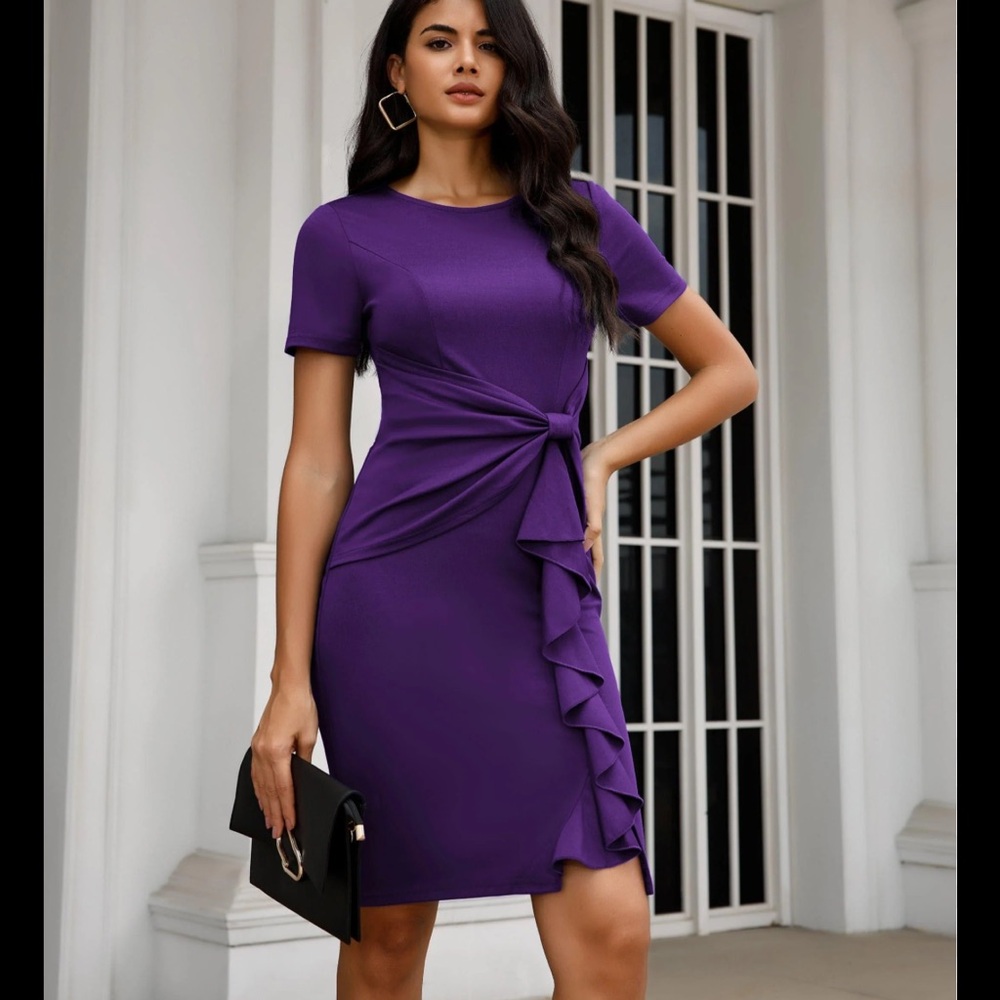 Purple Ruched Ruffled Sheath Midi Dress - Picture 3 of 5
